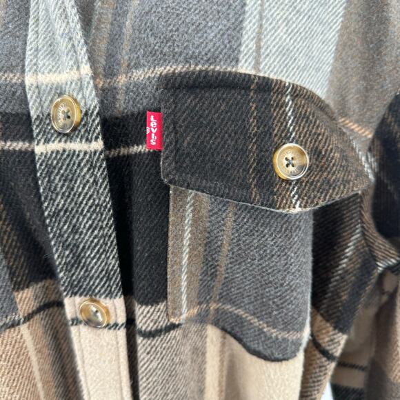 Levi's Plaid Brown Gray Belted Shirt Jacket Button Up Womens Medium Wool Blend - Picture 5 of 15
